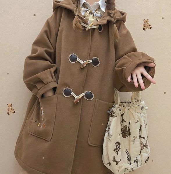 

women's trench coats women college japanese cute coat medium long ox horn buckle student jk camel winter 2021 autumn jacket, Tan;black