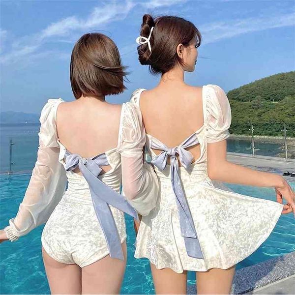 Swimsuit Mulheres Terno Feminino Nadar Swimwear Plus Size Beachwear Coreano Japonês Com Saia Backless Sexy Bubble 210625