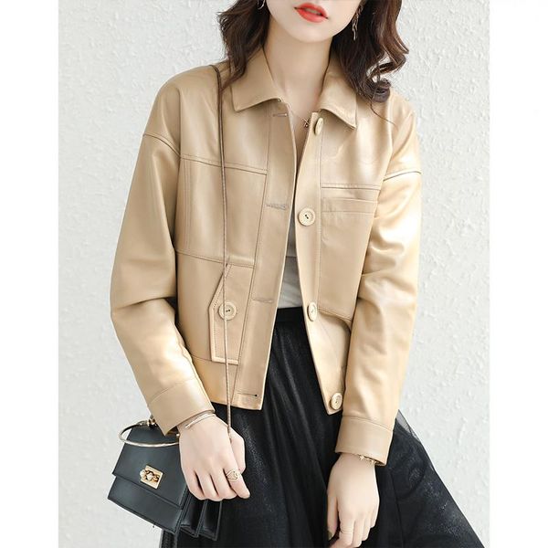 

women's leather & faux shzq sheep garment short work jacket loose korean wear in spring and autumn 2021, Black