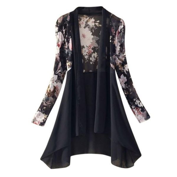 

long regular chiffon floral women shirt sunscreen cardigan summer beach, White