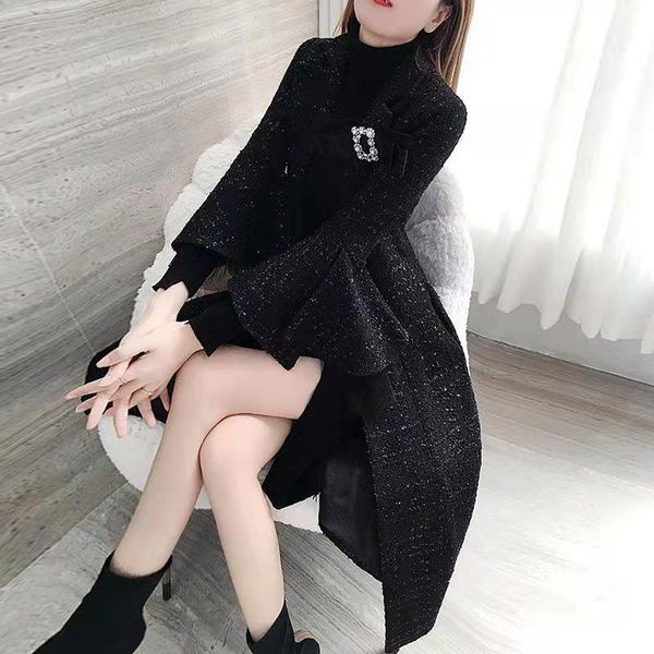 

women's wool & blends black tweed coat female 2021 retro autumn and winter dress korean slim fashion medium long temperament
