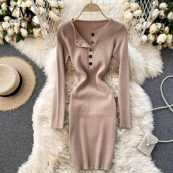 

yuoomuoo knitted women dress casual short sweater korean fashion buttons o-neck autumn sheath slim ladies dresses, Black;gray