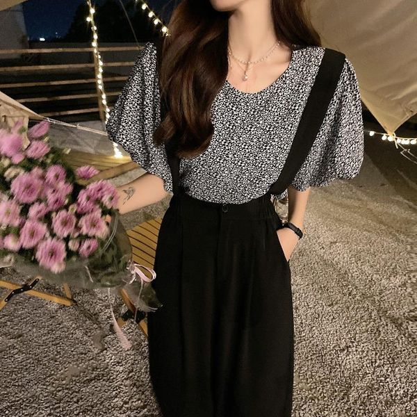 

women's two piece pants large size women 's clothing summer loose suspender + retro style thin floral shirt 2 set fashion casual, White
