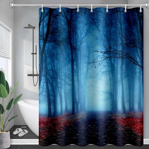 

shower curtains red forest theme mystical fantasy woodland under heavy fog tall tree bushes fabric bathroom decor set with hooks