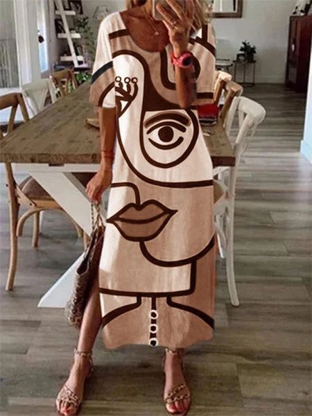 

factory2h0m sleeve neck split round print dress in short autumn 2020, White;black