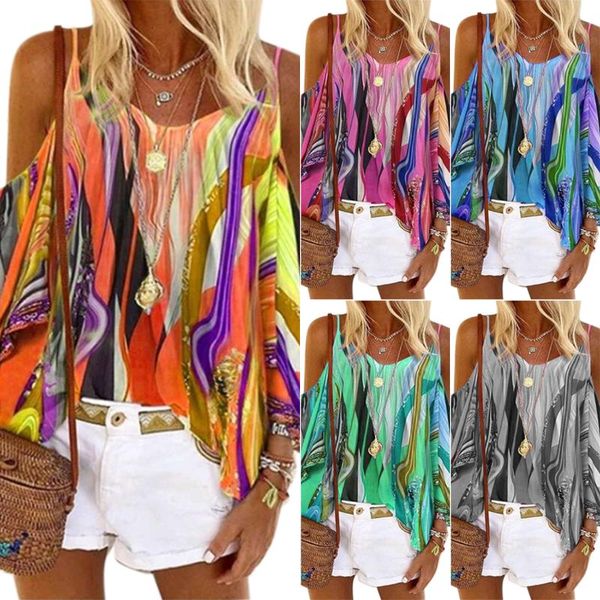 

women's blouses & shirts s-5xl women blouse off shoulder v neck printed clothing ladies casual beach blousa plus size, White