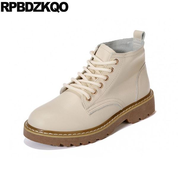 

boots women 2021 combat front lace up casual ankle autumn booties round toe military vintage shoes flat genuine leather beige, Black