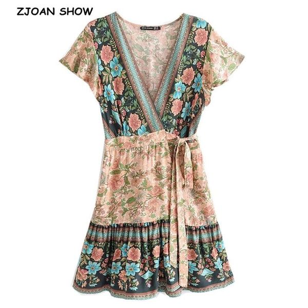 

casual dresses 2021 women bohemian cross v neck floral print wrap dress holiday short sleeve tie bow waist split slim fit, Black;gray