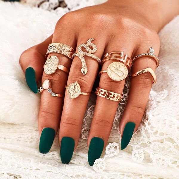 

wedding rings 10pcs/set bohemia snake coin profile ring for women geometric carving knuckle midi set jewelry anillos, Slivery;golden