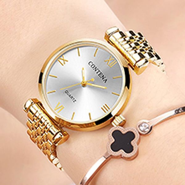 

wristwatches 2021 luxury gold women watches contena stainless steel quartz casual ladies relogio feminino, Slivery;brown