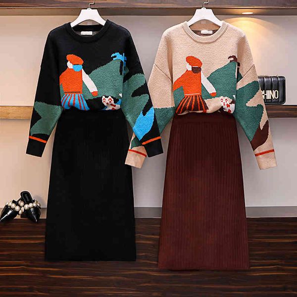 

fashiion women 2 piece pant set plus size fall winter knitted pattern girl loose sweater and woolen casual trousers suit, White