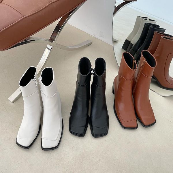 

boots women's 2021 summer and autumn square head simple temperament thick heel ankle side zipper fashion thin short bo, Black