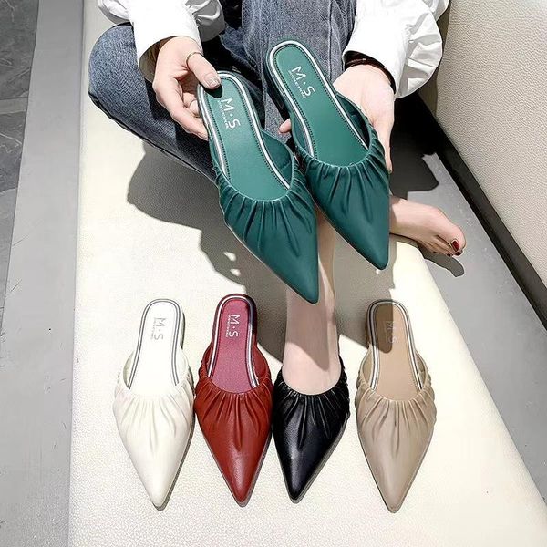 

slippers casual pointed toe shoes slides loafers shallow low luxury summer cover flat pleated rome pvc basic pu fabric p, Black