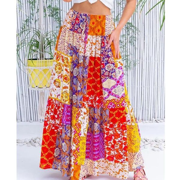 

skirts summer print maxi women mid waist pleated skirt leisure vacation big for lugentolo, Black