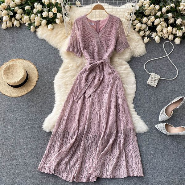 

vintage blue/pink lace long dress women summer elegant v-neck short sleeve high waist vestidos casual party maxi robe 2021 new, Black;gray