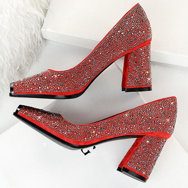 

dress shoes 2021 spring chunky 8cm high heels pumps women low bling gold rhinestone crystal party wedding luxury sparkly, Black