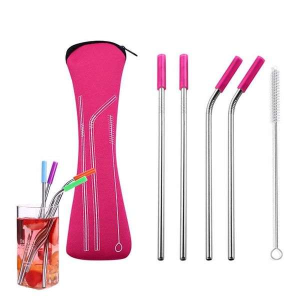 

drinking straws 6pcs/set reusable stainless steel straight bent with silicone tips for cold beverage drink brush