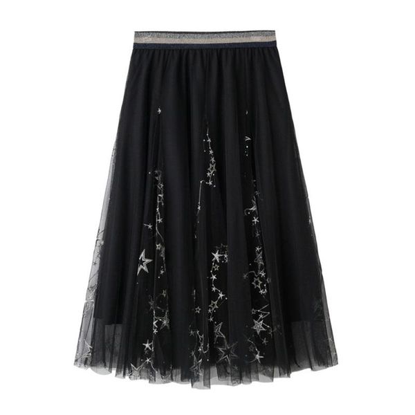 

skirts ostrich women 2021 arrivals chiffon  skirt three-dimensional embroidery leaf mesh yarn, Black