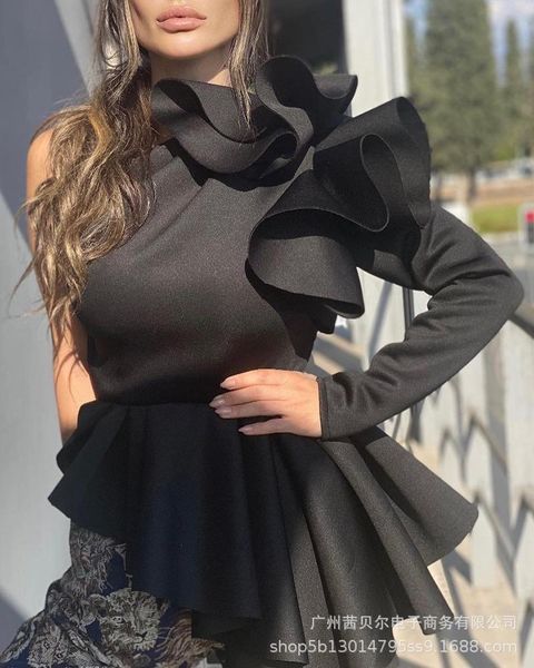 

women's blouses & shirts women blouse black irregular ruffled shoulder one long sleeve solid color fashion casual, White