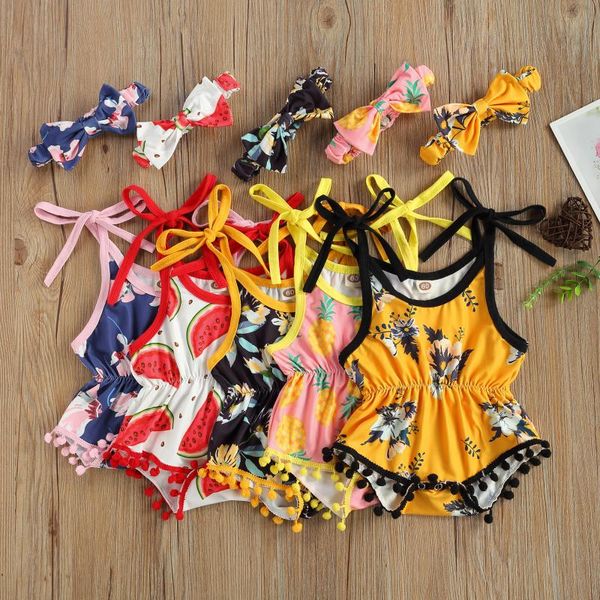

rompers citgeesummer baby girls outfit fruit/floral printing plush ball suspender bodysuit + bow headwear clothes, Blue
