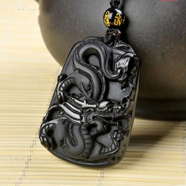 

natural black obsidian dragon pendant necklace with amulet lucky jewelry for women men fine, Black;brown