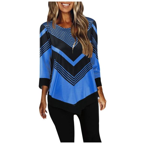 

women's t-shirt fashion design women casual geometric print irregular 3/4 sleeve hem block color o neck lady shirt autumn daily, White