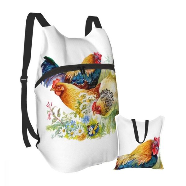

backpack watercolor chicken and rooster in the grass portable folding outdoor sport bag for camping cycling
