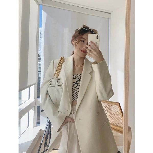 

women's suits & blazers women coat 2021 blazer loose profile double-breasted mid-length, White;black