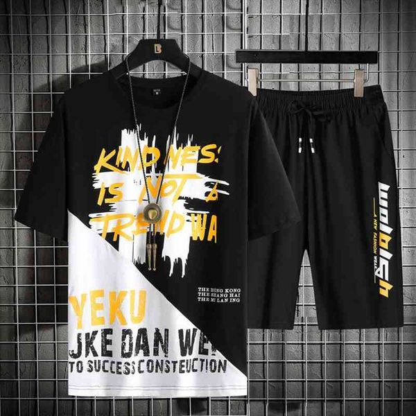 

summer mens cotton round neck loose short-sleeved t-shirt trend two-piece youth fashion casual cropped trousers suit, Gray