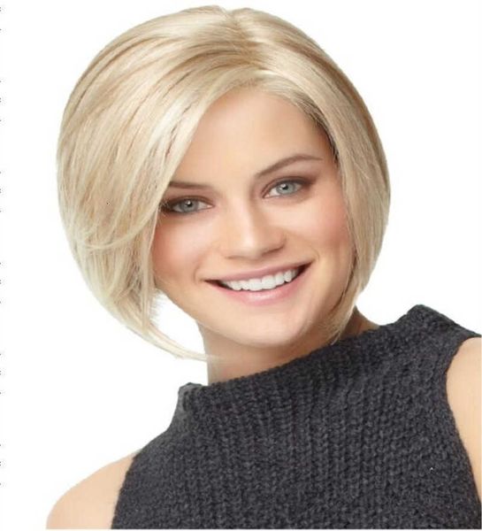 

wig women's medium blonde highlights brown short straight hair bobo headgear, Black
