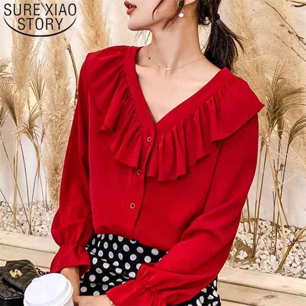 Мода женщины шифон блузки с длинным рукавом V-образным вырезом оборками офисные белые красные топы повседневная одежда 5324 50 210506
