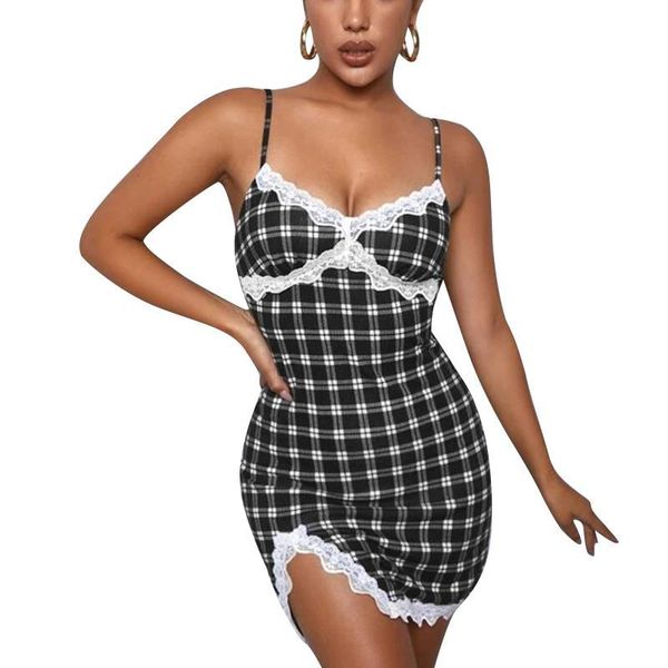 

casual dresses women lace stitching plaid mini dress spaghetti strap low cut backless slit slip for lady party short 9xz3, Black;gray