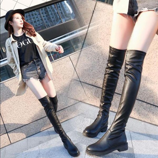 

boots over the knee high heel women shoes woman fashion pu fur inside warm 2021 winter style, Black