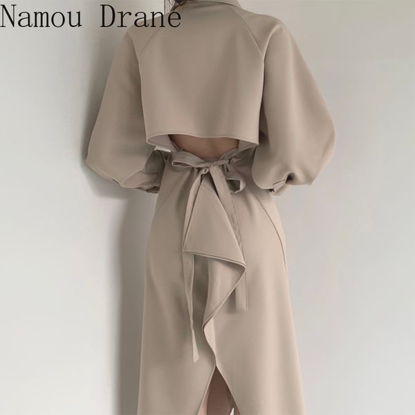 

autumn long dress for women sleeve turn down collar backless split high waist ladies dresses party elegant casual 210429, Black;gray