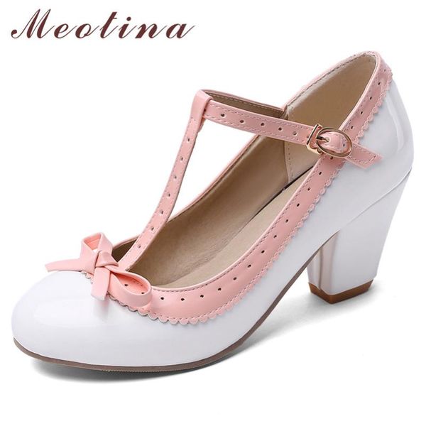

dress shoes meotina high heels women pumps patent leather bow block heel t-strap buckle round toe party lady red size 33-46, Black