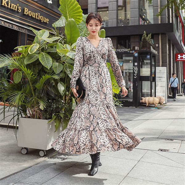 

a line v neck summer women snake print ankle length dress long sleeve rufflef female casual chic fish tail party dresses vestidos, Black;gray
