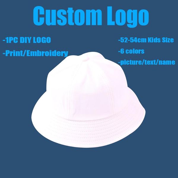 

wide brim hats 6 colors kids children cotton bucket cap diy custom logo printing embroidery students sun hat for boys girls, Blue;gray