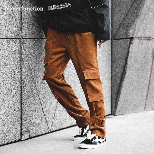 

men's pants pant autumn winter men vintage corduroy casual streetwear harajuku elastic waist multi-pocket male jogger tro 59kx, Black
