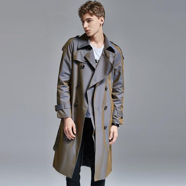 

men's trench coats young man fashion color changing unique windbreaker knee length men coat 2022 spring autumn european classic overcoa, Tan;black