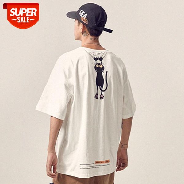 

summer cat print t-shirt men's short-sleeved tide brand trend wild half-sleeved loose lovers compassionate men #dd0b, White;black