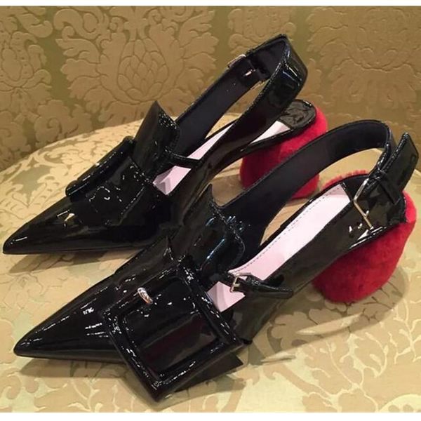 

slingback gladiator sandals women shoes pointed toe buckle zapatos de mujer block heels pumps furry sandalias 2021 bridal, Black