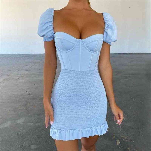 

dgirl ruffles blue bodycon party womens dresses ruched puff sleeve backless elegant mini female summer, Black;gray