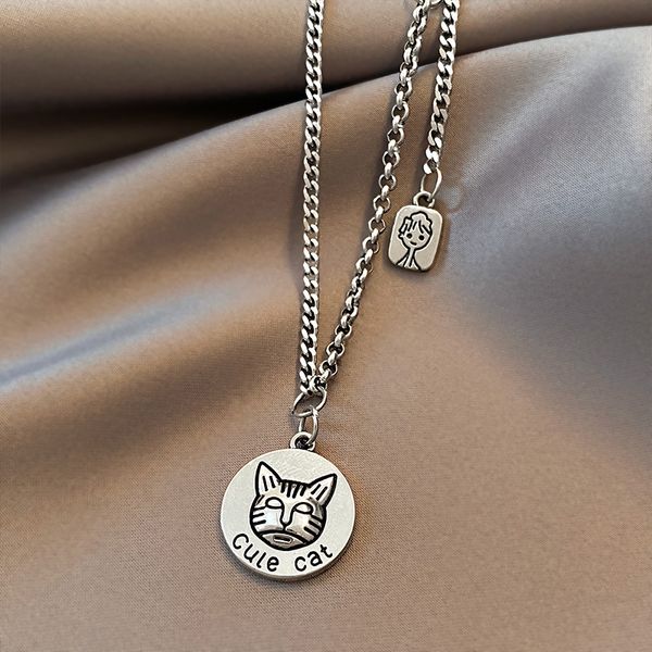 

xianlan538 retro cat head necklace female niche in the new ins hip-hop collarbone chain korea personality neck chain, Silver