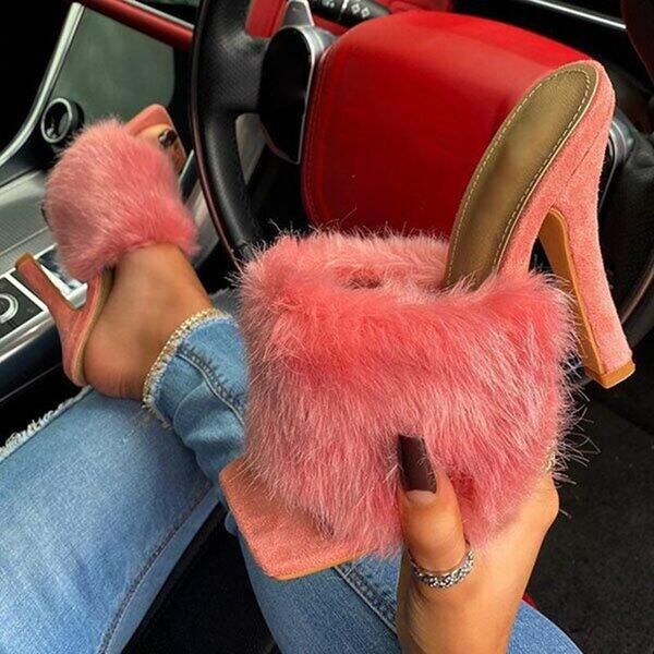 

slippers fluffy faux fur super high heels sandals women plus size 43 square toe party woman outdoor banquet shoes ladies, Black