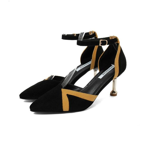 

dress shoes 2021 suede thin heels shallow pointed toe wedding party fashion ladies zapatos de mujer women, Black