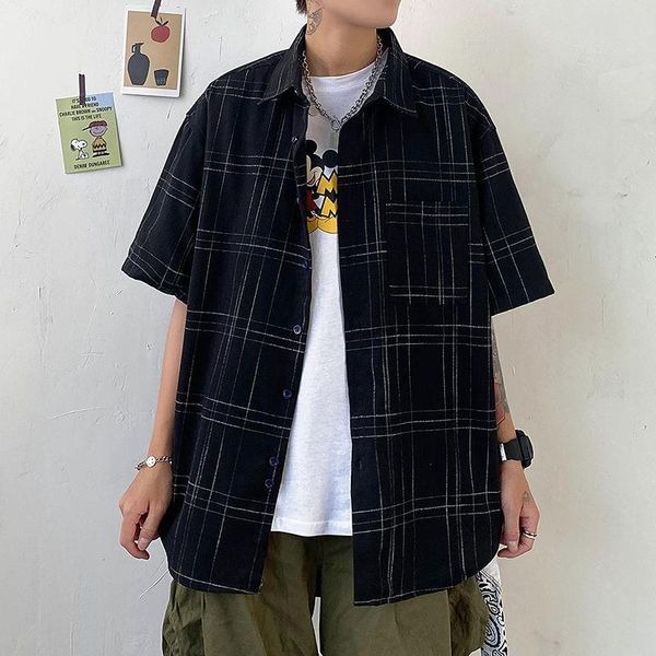 

men's casual shirts short-sleeved 2021 summer plaid shirt trend five-point sleeve green promotion, White;black