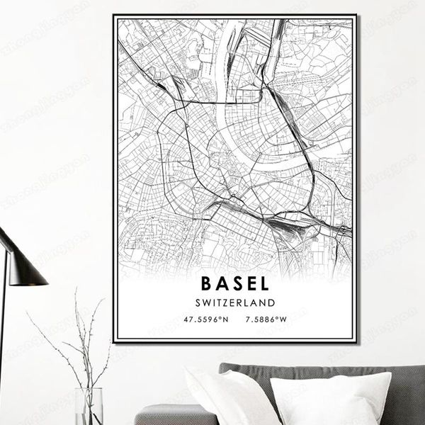 

paintings black and white city map the basel poster switzerland country hd print wall art canvas nordic painting for home decor artwor