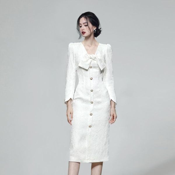 

casual dresses vintage solid white bodycon a-line dress women elegant bow neck slim waist pencil long sleeve office lady vestidoes, Black;gray