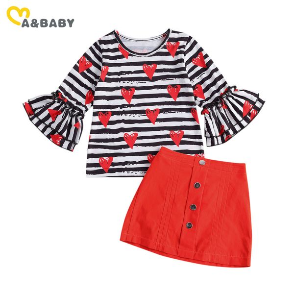 6M-4Y San Valentino Toddler Kid Girls Clothes Set Manica lunga Ruffles Stampa cuore T-shirt Gonne rosse Abiti 210515