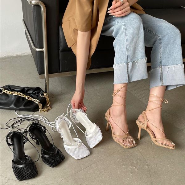 

women summer mesh sandals female square toe high heels lace-up stiletto hollow party dress pumps shoes size 35-42, Black